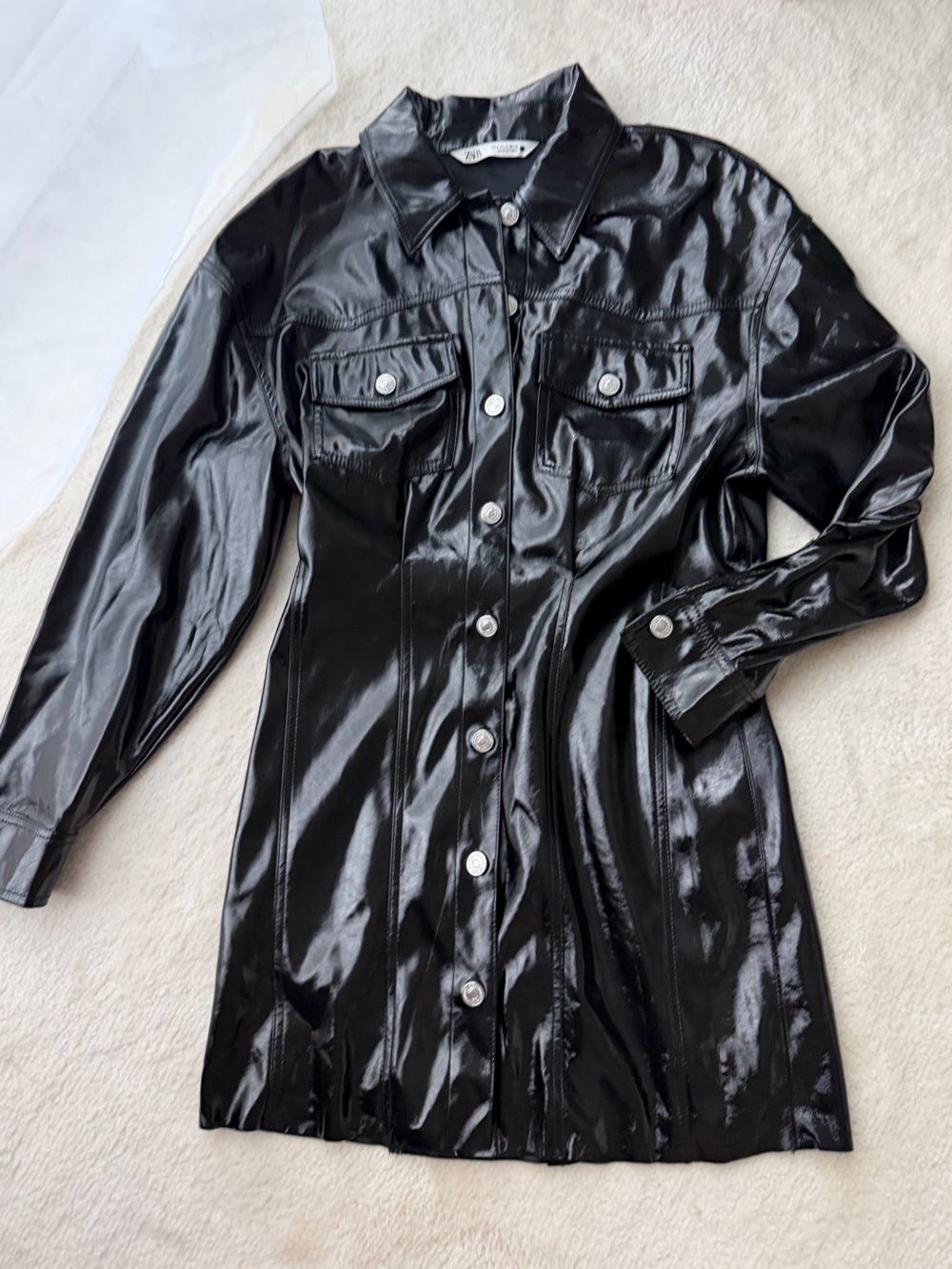 Zara Black Patent Faux Leather Button-Front Blazer Dress